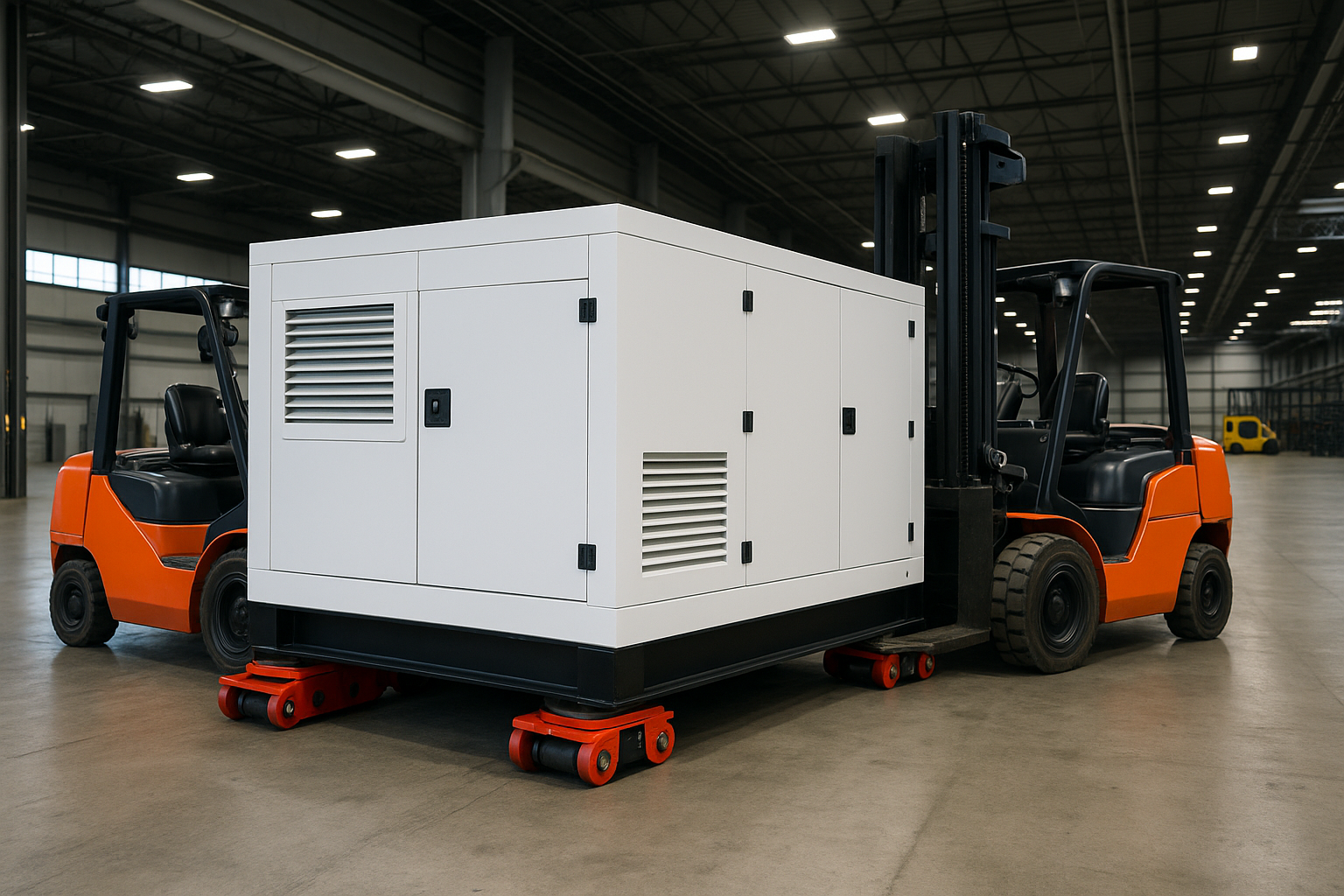 Rigging crew moving generator with dollies and forklifts