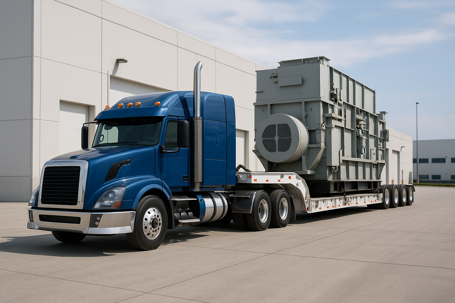 Blue lowboy trailer hauling oversized machinery