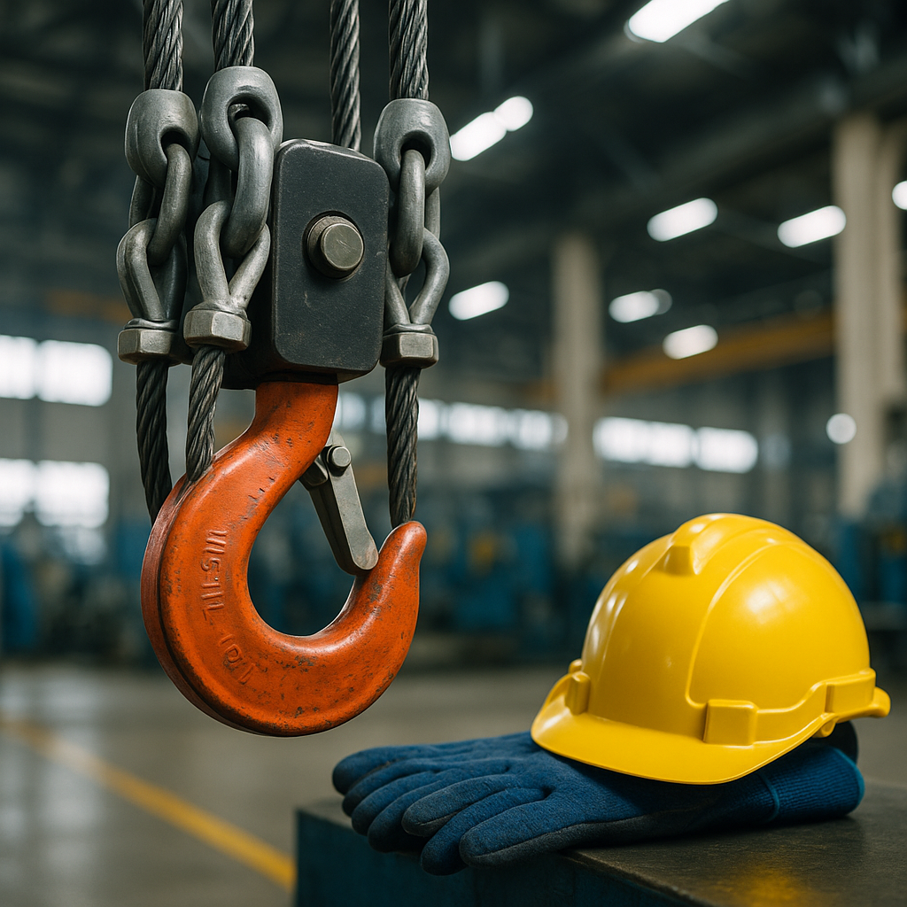 Close-up industrial rigging crane hook and cables
