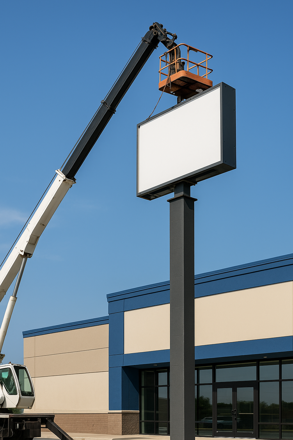 Professional exterior signage removal with crane